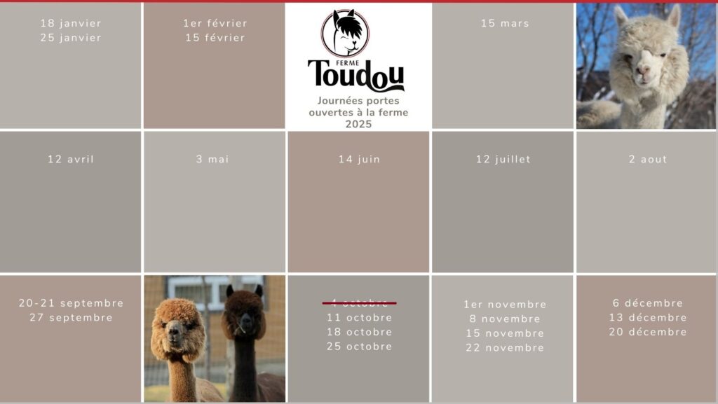Calendrier des activités de la Ferme Toudou pour 2025